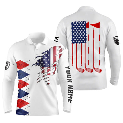 Golf Polo shirts, Personalized White Golf Polos Shirts For Mens American Flag Th July Custom Best Mens Golf Wears