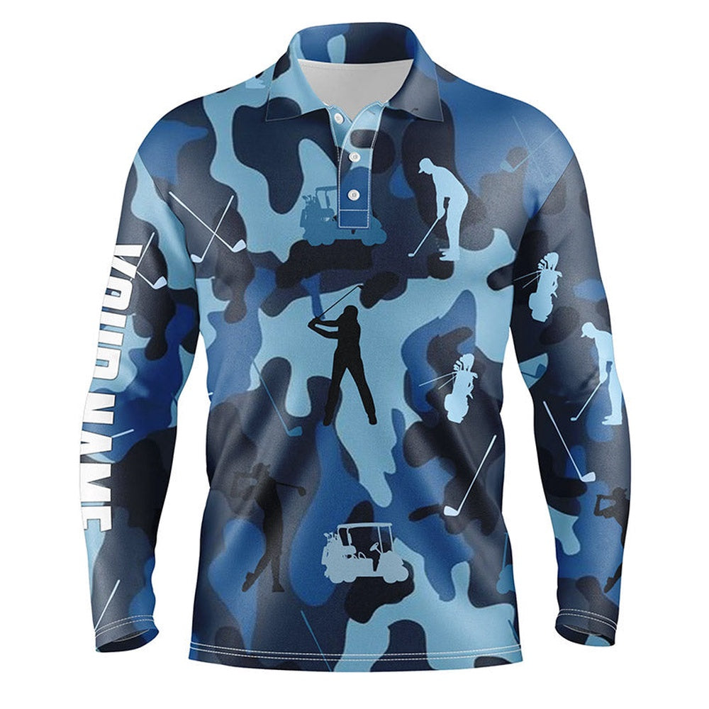 Golf Polo shirts, Pesonalized Blue Camo Short Sleeve, Long Sleeve Golf Polo Shirts For Mens Custom Name Golf Tops Mens