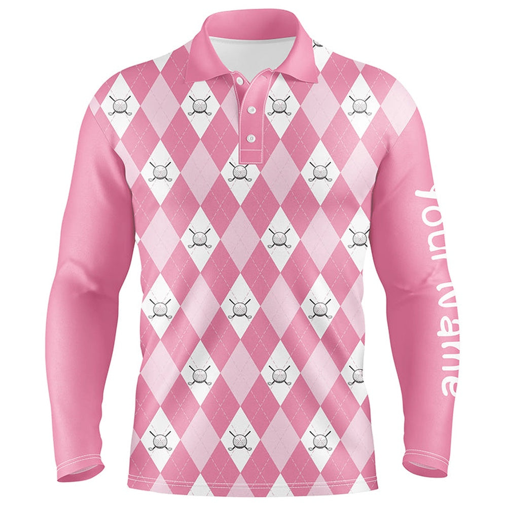 Golf Polo shirts, Pink Argyle Plaid Pattern Mens Golf Polos Shirts Custom Golf Shirts For Men
