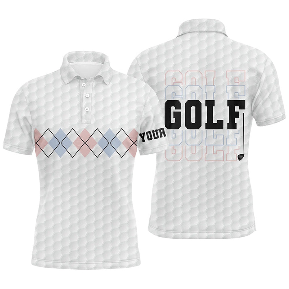 Golf Polo shirts, Pink Blue Argyle Pattern Mens Golf Polo Shirts Custom Cool White Golf Shirts For Men Golf Gifts