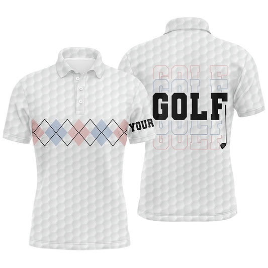 Golf Polo shirts, Pink Blue Argyle Pattern Mens Golf Polo Shirts Custom Cool White Golf Shirts For Men Golf Gifts