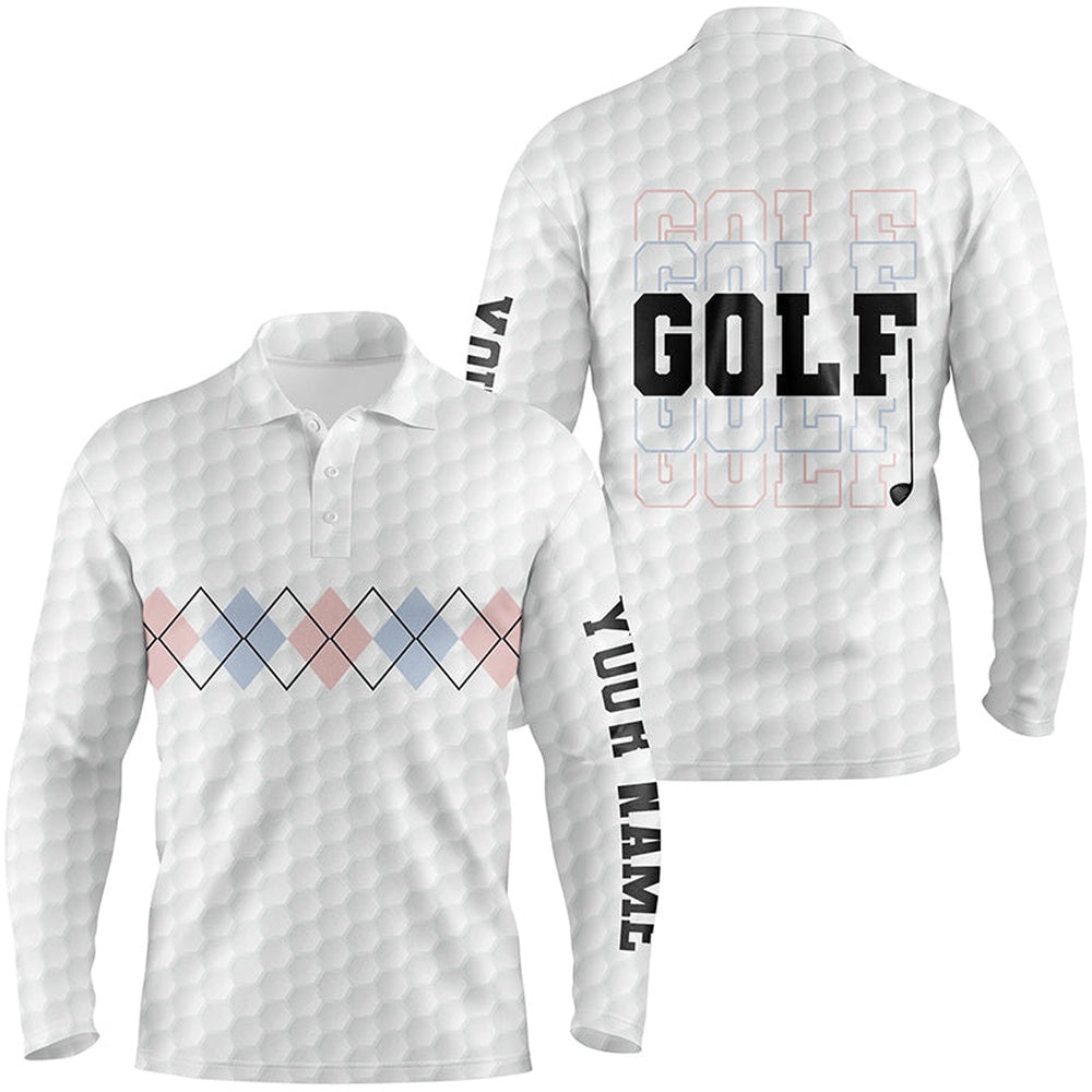 Golf Polo shirts, Pink Blue Argyle Pattern Mens Golf Polo Shirts Custom Cool White Golf Shirts For Men Golf Gifts