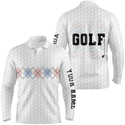 Golf Polo shirts, Pink Blue Argyle Pattern Mens Golf Polo Shirts Custom Cool White Golf Shirts For Men Golf Gifts
