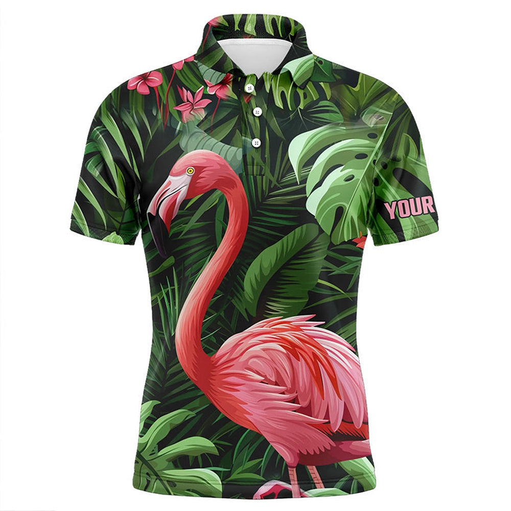 Golf Polo shirts, Pink Flamingo Green Tropical Pattern Mens Golf Polo Shirts Custom Golf Attire For Men