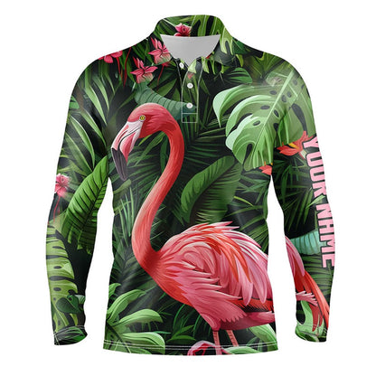 Golf Polo shirts, Pink Flamingo Green Tropical Pattern Mens Golf Polo Shirts Custom Golf Attire For Men