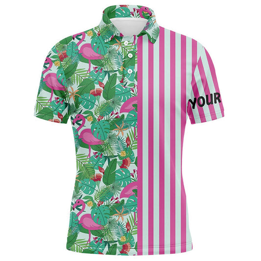 Golf Polo shirts, Pink Flamingo Green Tropical Pattern Stripes Mens Golf Polo Shirts Custom Golf Outfits For Men