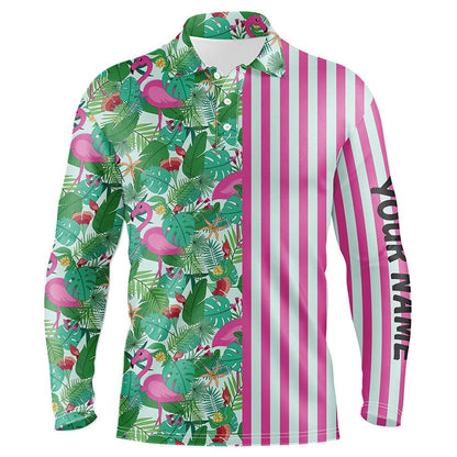 Golf Polo shirts, Pink Flamingo Green Tropical Pattern Stripes Mens Golf Polo Shirts Custom Golf Outfits For Men