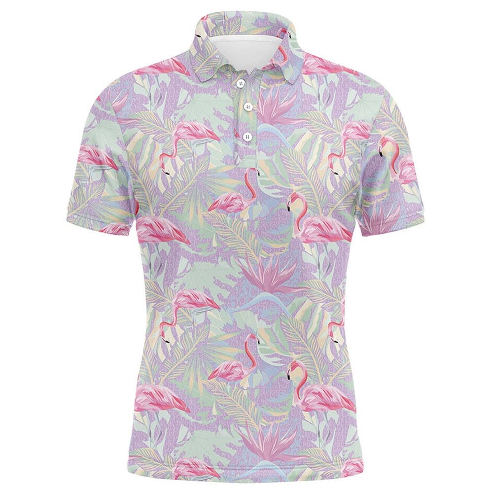 Golf Polo shirts, Pink Flamingo Tropical Floral Pattern Mens Golf Polo Shirts, Floral Golf Clothing For Mens