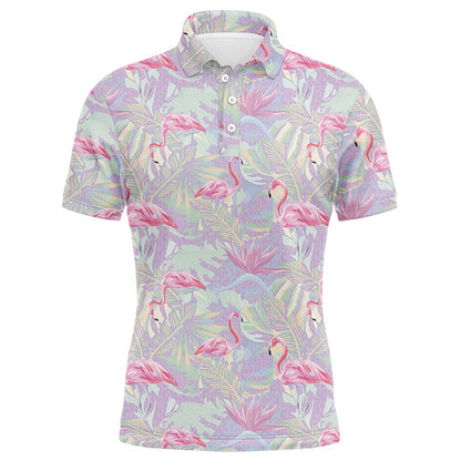 Golf Polo shirts, Pink Flamingo Tropical Floral Pattern Mens Golf Polo Shirts, Floral Golf Clothing For Mens