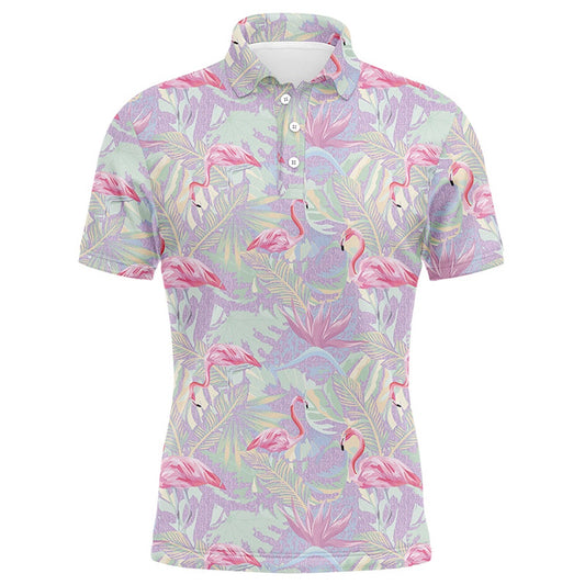 Golf Polo shirts, Pink Flamingo Tropical Floral Pattern Mens Golf Polo Shirts, Floral Golf Clothing For Mens
