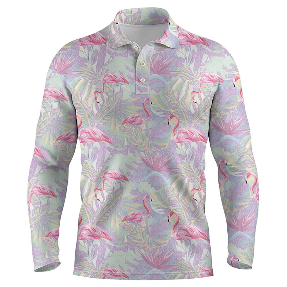 Golf Polo shirts, Pink Flamingo Tropical Floral Pattern Mens Golf Polo Shirts, Floral Golf Clothing For Mens