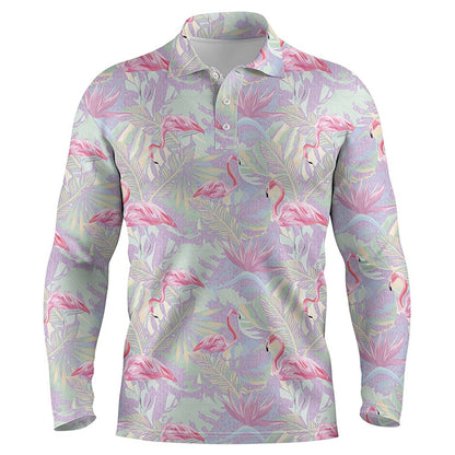 Golf Polo shirts, Pink Flamingo Tropical Floral Pattern Mens Golf Polo Shirts, Floral Golf Clothing For Mens