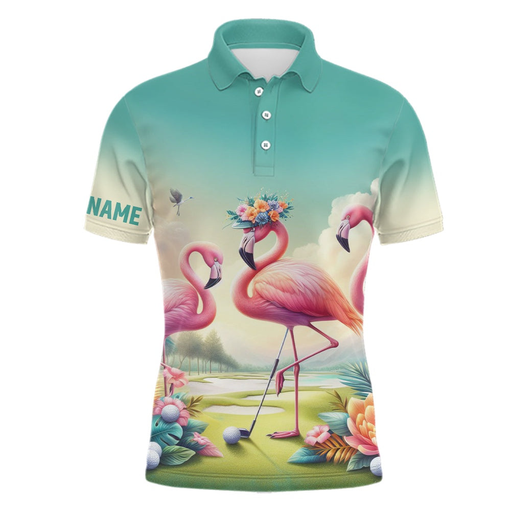 Golf Polo shirts, Pink Flamingo Tropical Mens Golf Polo Shirts Custom Name Golf Shirts For Men Golf Gifts