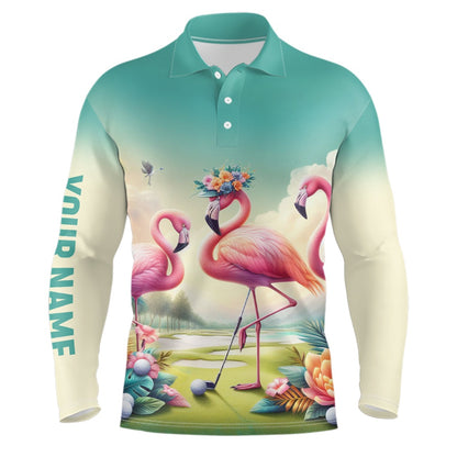 Golf Polo shirts, Pink Flamingo Tropical Mens Golf Polo Shirts Custom Name Golf Shirts For Men Golf Gifts
