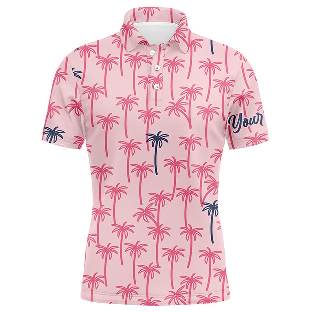 Golf Polo shirts, Pink Palm Tree Pattern Mens Golf Polo Shirts Custom Name Tropical Team Golf Shirt Mens