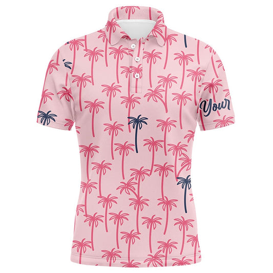 Golf Polo shirts, Pink Palm Tree Pattern Mens Golf Polo Shirts Custom Name Tropical Team Golf Shirt Mens
