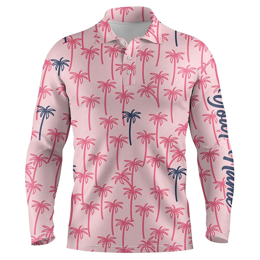 Golf Polo shirts, Pink Palm Tree Pattern Mens Golf Polo Shirts Custom Name Tropical Team Golf Shirt Mens