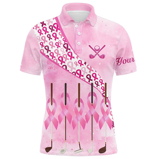 Golf Polo shirts, Pink Ribbon Golf Clubs Men Golf Polo Shirt Custom Breast Cancer Golf Shirts For Men, Male Golf Outfits