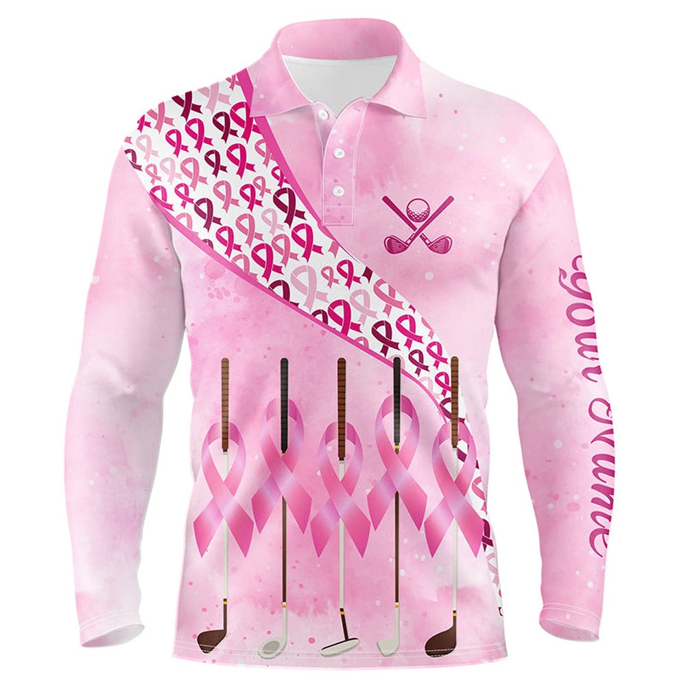 Golf Polo shirts, Pink Ribbon Golf Clubs Men Golf Polo Shirt Custom Breast Cancer Golf Shirts For Men, Male Golf Outfits