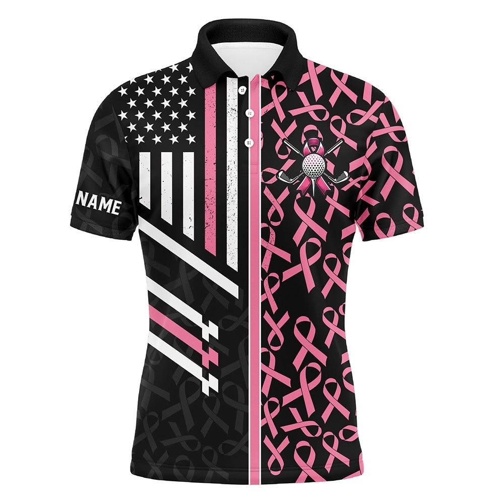Golf Polo shirts, Pink Ribbon Pattern American Flag Men Golf Polo Shirts Custom Breast Cancer Awareness Golf Shirts