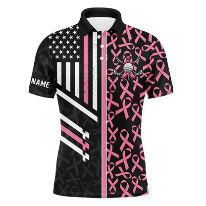 Golf Polo shirts, Pink Ribbon Pattern American Flag Men Golf Polo Shirts Custom Breast Cancer Awareness Golf Shirts