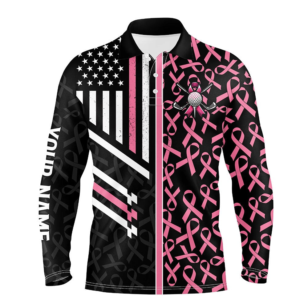Golf Polo shirts, Pink Ribbon Pattern American Flag Men Golf Polo Shirts Custom Breast Cancer Awareness Golf Shirts