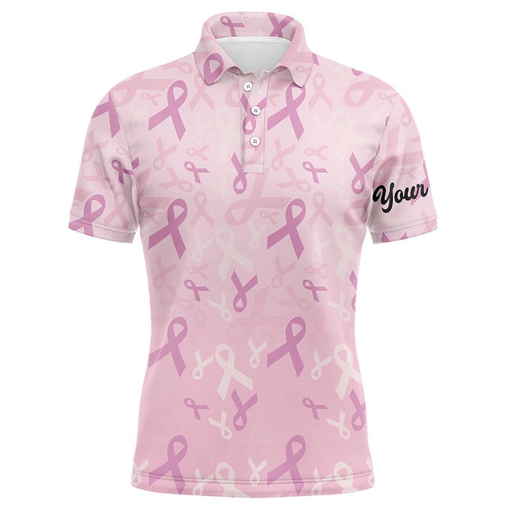 Golf Polo shirts, Pink Ribbon Pattern Breast Cancer Awareness Golf Shirts Custom Name Mens Golf Polo Shirts