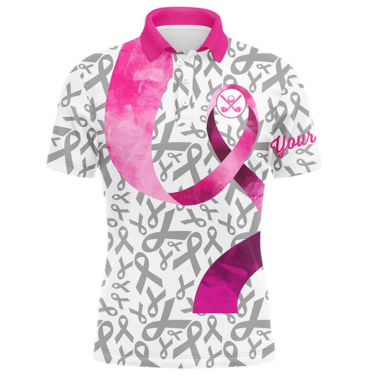 Golf Polo shirts, Pink Ribbon Pattern Men Golf Polo Shirts Custom Breast Cancer Golf Shirts For Men, Golf Outfits Male