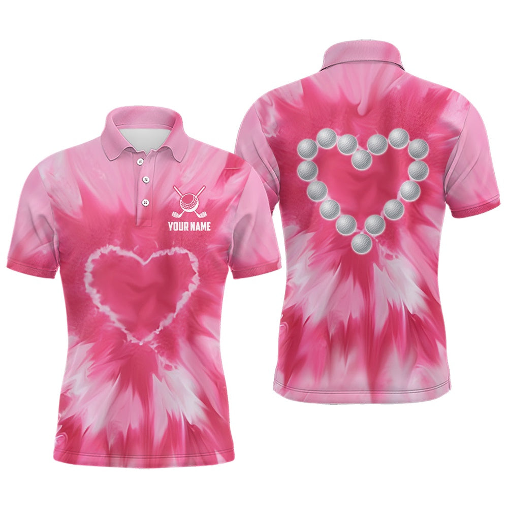 Golf Polo shirts, Pink Tie Dye Mens Golf Polo Shirt Custom Golf Ball With Heart Golf Outfit For Men