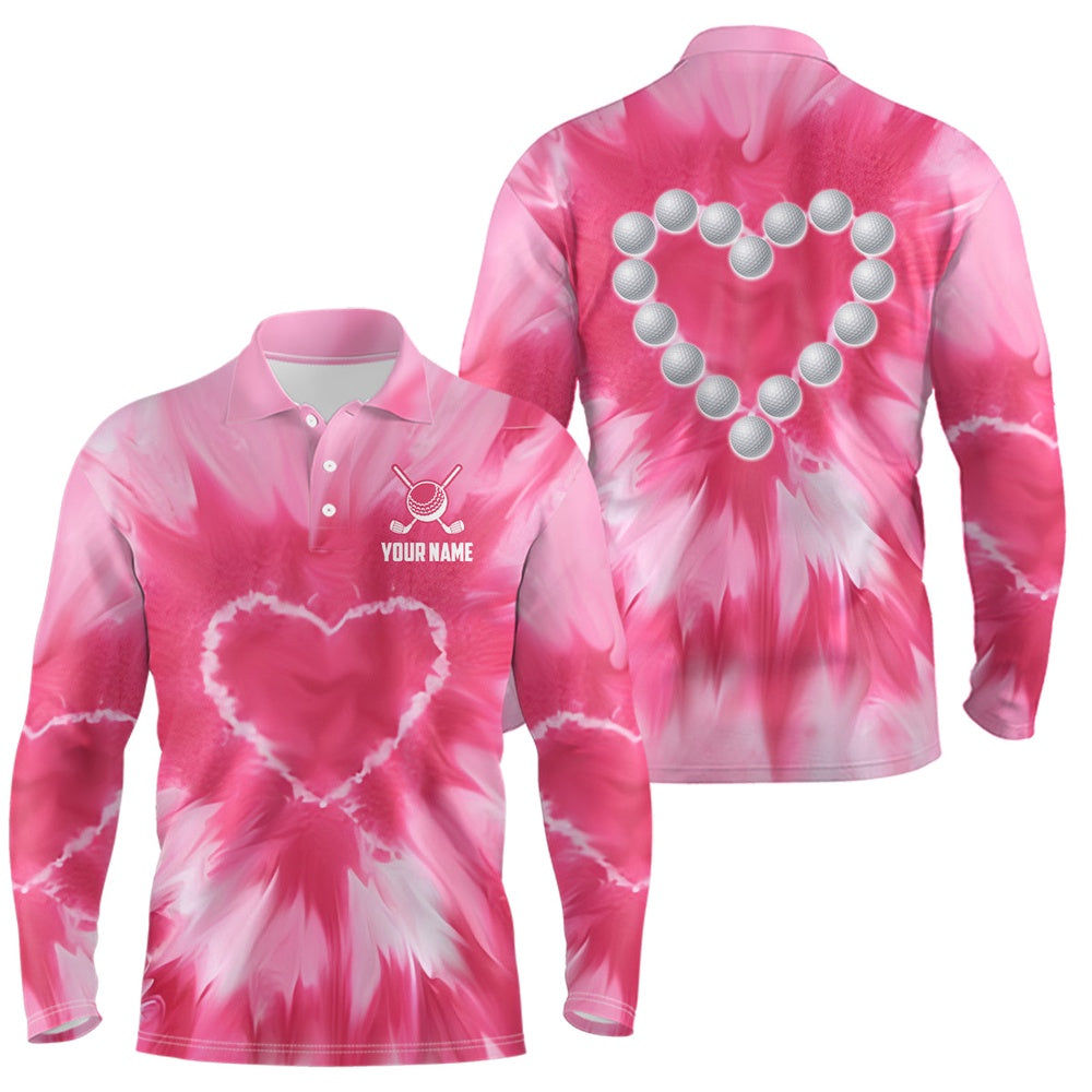 Golf Polo shirts, Pink Tie Dye Mens Golf Polo Shirt Custom Golf Ball With Heart Golf Outfit For Men