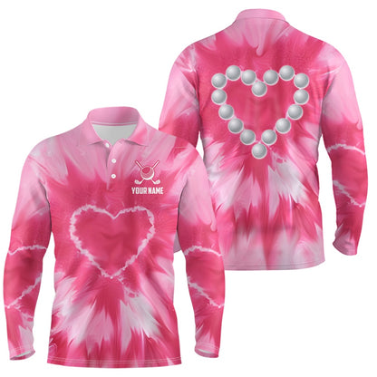 Golf Polo shirts, Pink Tie Dye Mens Golf Polo Shirt Custom Golf Ball With Heart Golf Outfit For Men