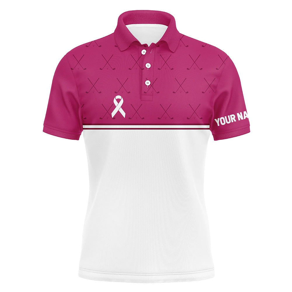 Golf Polo shirts, Pink White Breast Cancer Awareness Golf Shirts Custom Mens Golf Polo Pink Ribbon Golf Shirts