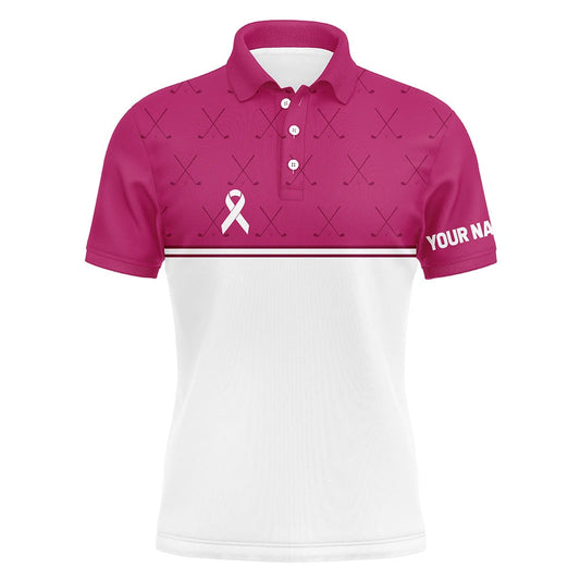 Golf Polo shirts, Pink White Breast Cancer Awareness Golf Shirts Custom Mens Golf Polo Pink Ribbon Golf Shirts