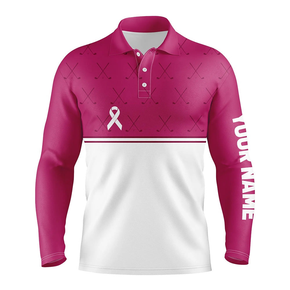 Golf Polo shirts, Pink White Breast Cancer Awareness Golf Shirts Custom Mens Golf Polo Pink Ribbon Golf Shirts