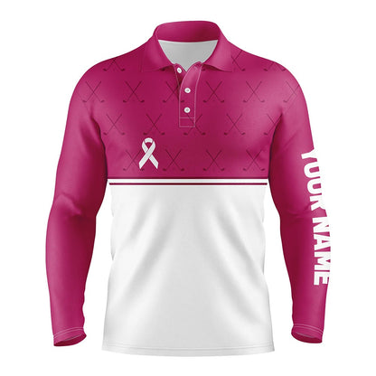 Golf Polo shirts, Pink White Breast Cancer Awareness Golf Shirts Custom Mens Golf Polo Pink Ribbon Golf Shirts