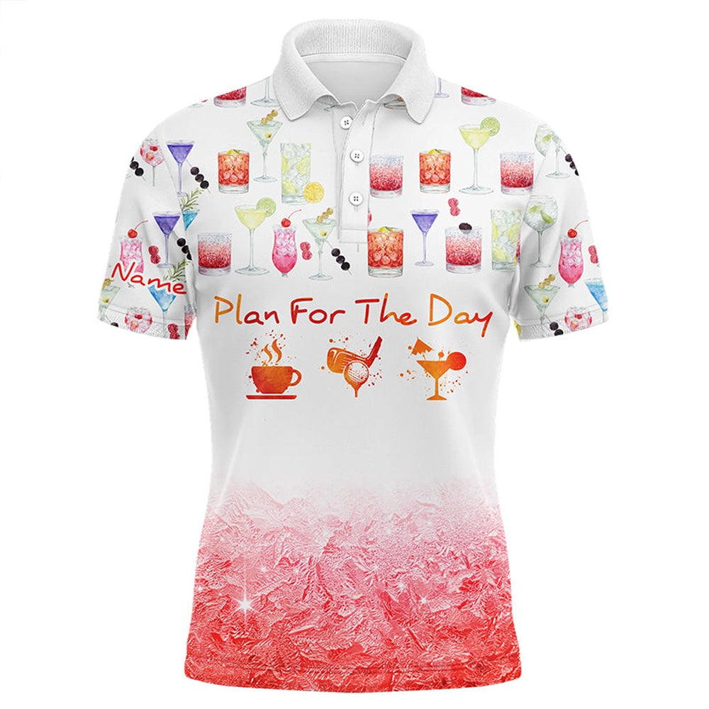 Golf Polo shirts, Plan For The Day Coffee Golf Cocktail Watercolor Mens Golf Polo Shirt Funny Golf Shirts For Men