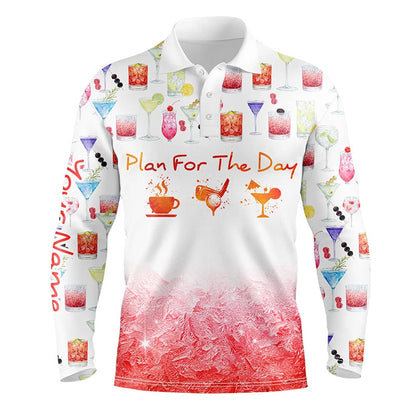 Golf Polo shirts, Plan For The Day Coffee Golf Cocktail Watercolor Mens Golf Polo Shirt Funny Golf Shirts For Men