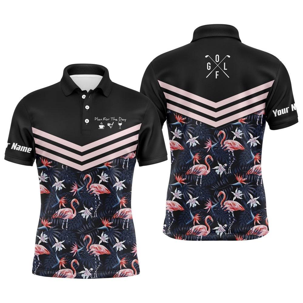 Golf Polo shirts, Plan For The Day Coffee Golf Wine Custom Name Men Golf Polo Upf Shirts Tropical Leaf Flamingo Pattern