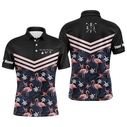 Golf Polo shirts, Plan For The Day Coffee Golf Wine Custom Name Men Golf Polo Upf Shirts Tropical Leaf Flamingo Pattern