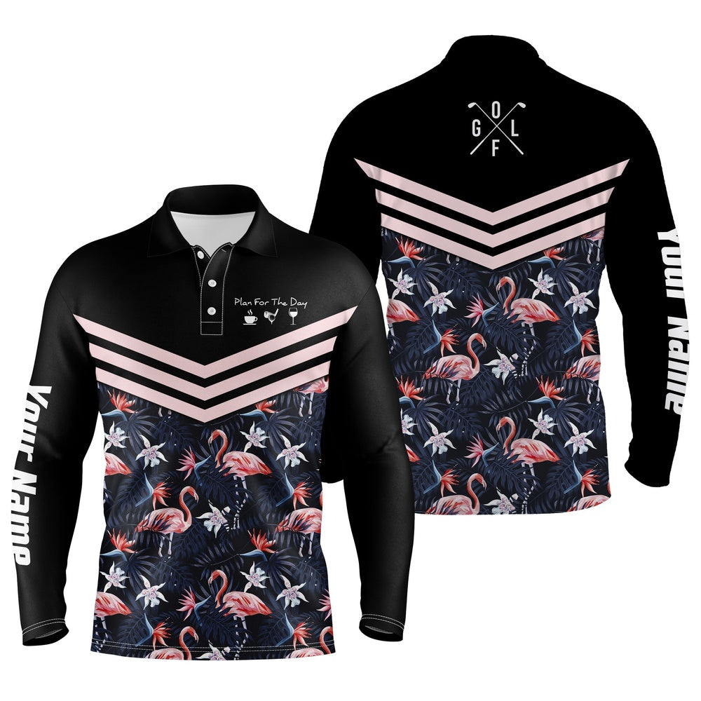 Golf Polo shirts, Plan For The Day Coffee Golf Wine Custom Name Men Golf Polo Upf Shirts Tropical Leaf Flamingo Pattern