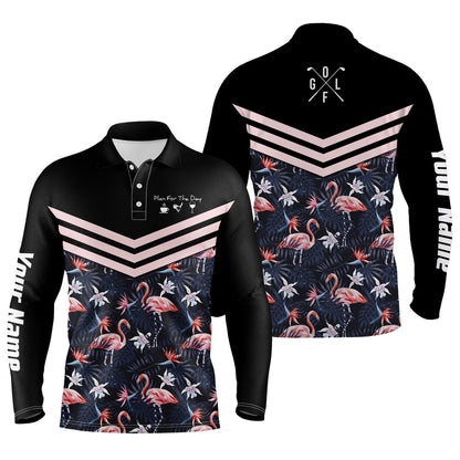 Golf Polo shirts, Plan For The Day Coffee Golf Wine Custom Name Men Golf Polo Upf Shirts Tropical Leaf Flamingo Pattern