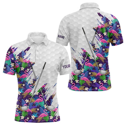 Golf Polo shirts, Purple Flamingo Tropical Pattern Custom Name White Mens Golf Polo Shirts, Team Mens Golf Tops