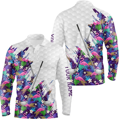 Golf Polo shirts, Purple Flamingo Tropical Pattern Custom Name White Mens Golf Polo Shirts, Team Mens Golf Tops