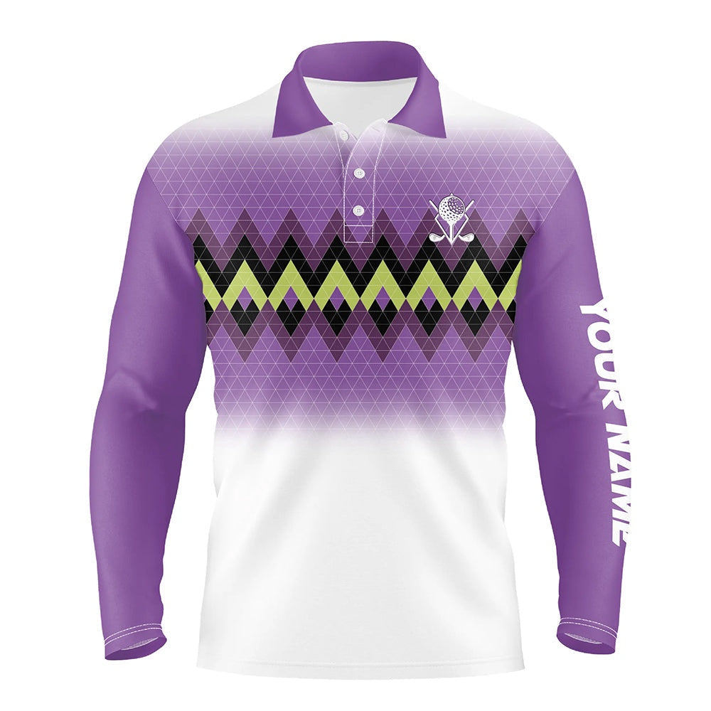 Golf Polo shirts, Purple Graphic Stripe Argyle Pattern Custom Mens Golf Polo Shirts, Personalized Mens Golf Tops