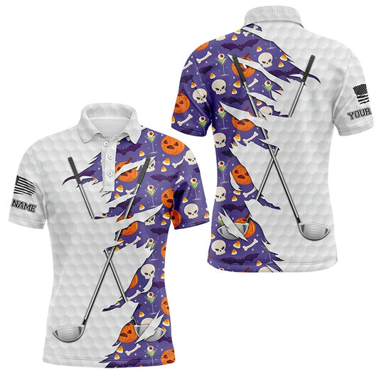 Golf Polo shirts, Purple Halloween Golf Pattern White Golf Ball Skin Men Golf Polo Shirts Custom Golf Clubs Outfit Men