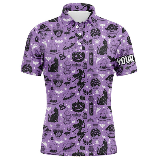 Golf Polo shirts, Purple Halloween Seamless With Pumpkin Cat Witch Funny Magic Halloween Golf Shirts For Men