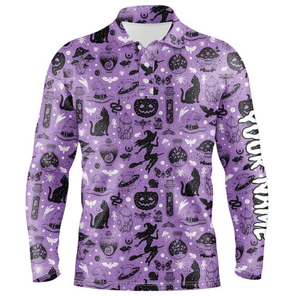 Golf Polo shirts, Purple Halloween Seamless With Pumpkin Cat Witch Funny Magic Halloween Golf Shirts For Men