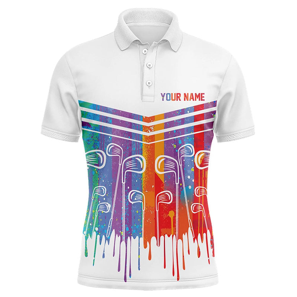 Golf Polo shirts, Rainbow Color Golf Clubs Men Golf Polo Shirts Custom White Golf Apparel For Men, Cool Golf Gifts