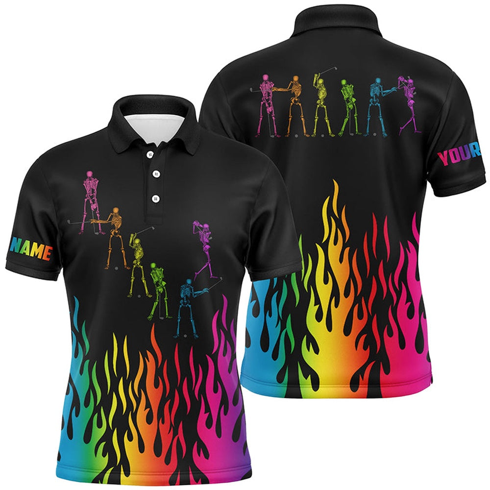 Golf Polo shirts, Rainbow Flame Golf Skeleton Custom Black Mens Golf Polo Shirts, Black Mens Golf Shirt