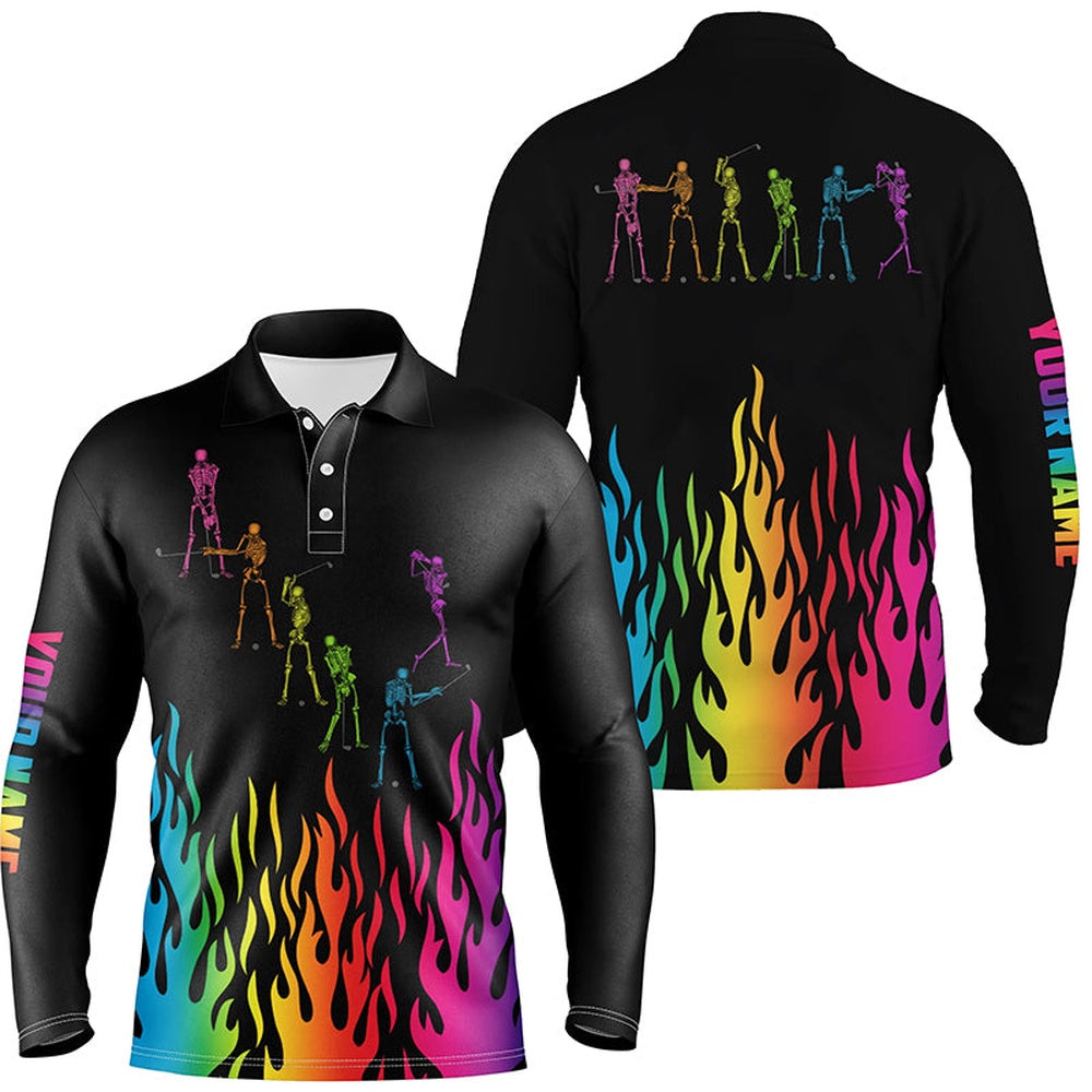 Golf Polo shirts, Rainbow Flame Golf Skeleton Custom Black Mens Golf Polo Shirts, Black Mens Golf Shirt